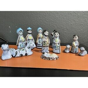 Mexican Tonala Nativity Set Burnished Pottery Folk Art 12 Piece Vintage